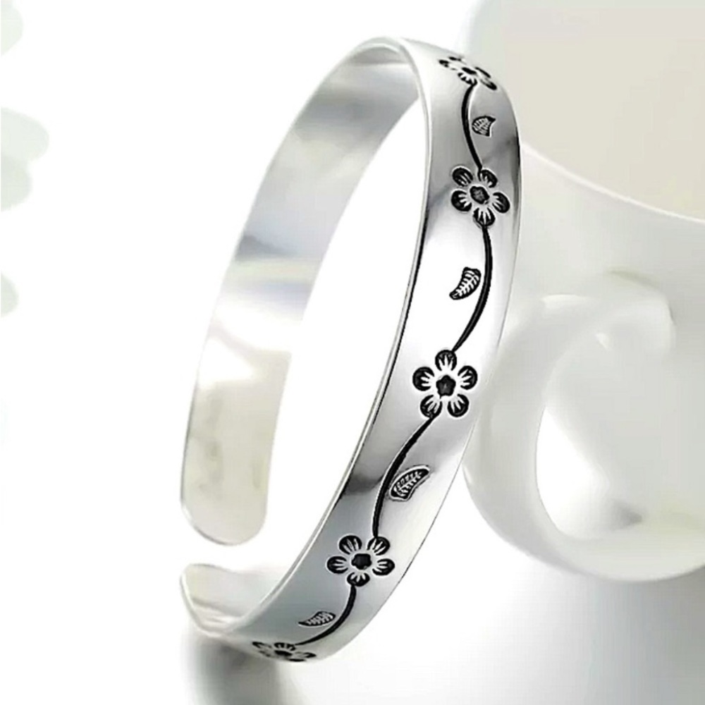 Flower Engraved Sterling Silver Cuff Bangle Bracelet